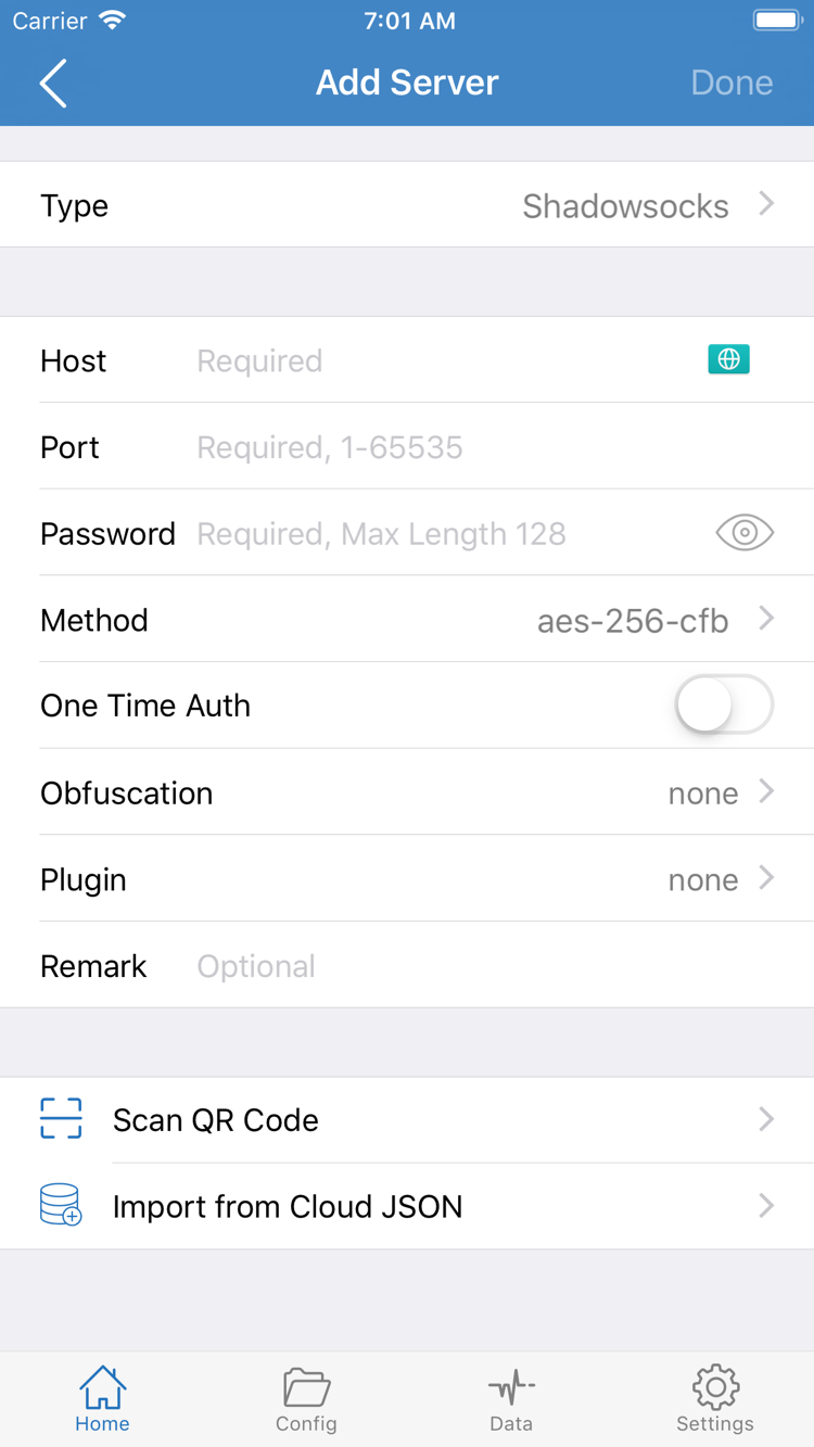 Shadowrocket 的 Add Server 页面，显示 Type、Host、Port、Password、Method 与 Scan QR Code 等入口