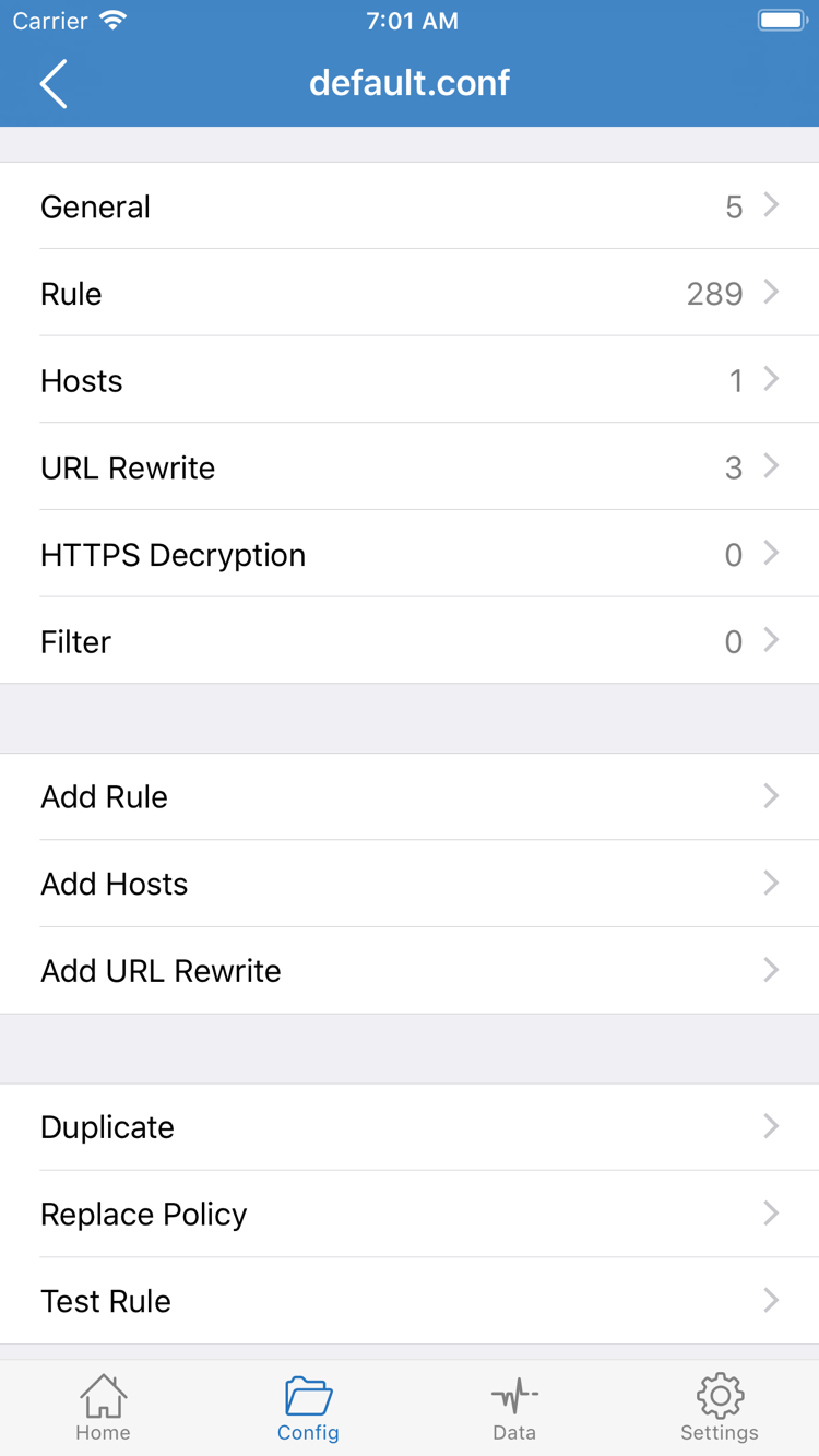 Shadowrocket 的 Config 配置编辑页面，显示 General、Rule、Hosts、URL Rewrite、HTTPS Decryption 与 Add Rule