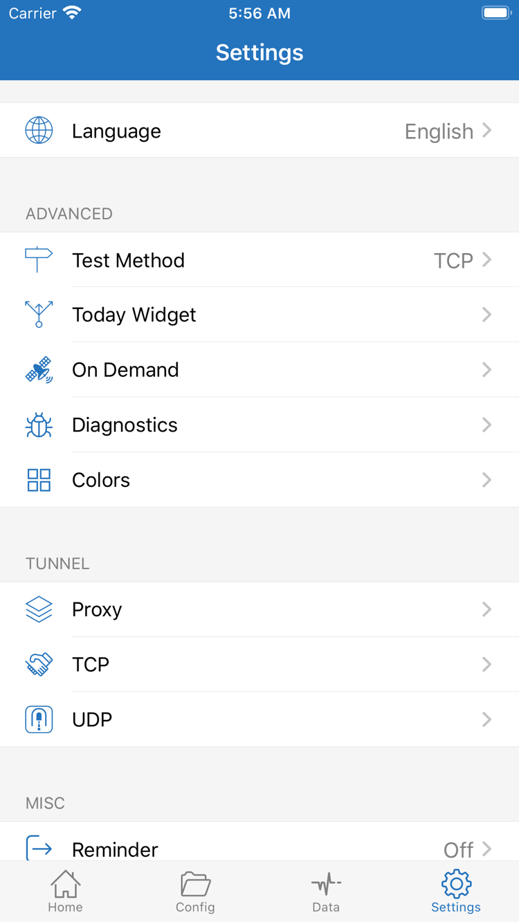 Shadowrocket 的 Settings 页面，显示 Language、Test Method、Today Widget、On Demand、Diagnostics、Proxy、TCP 与 UDP